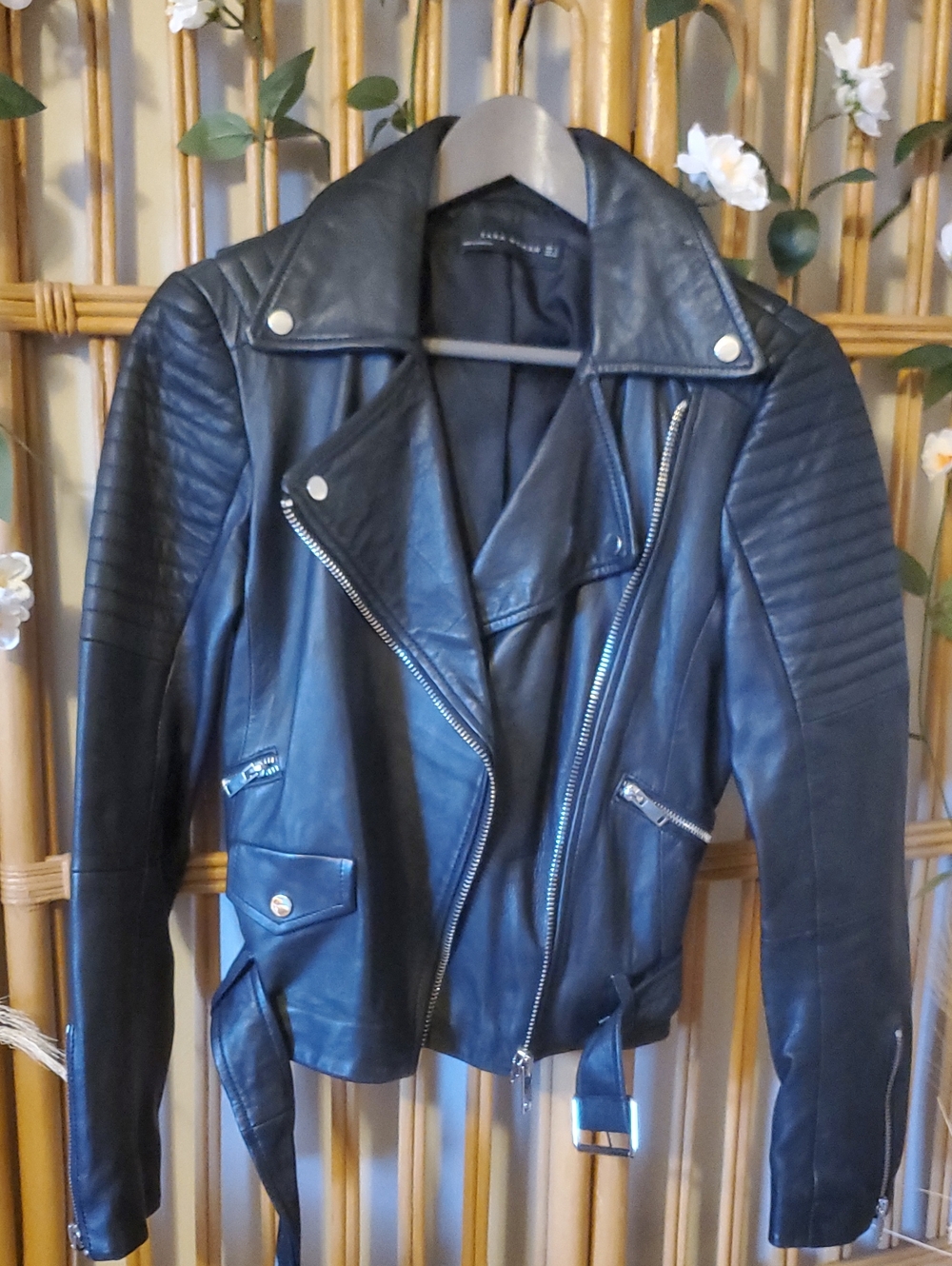 Zara Black Quilted Sheep Leather Moto Jacket